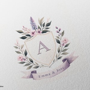 Lilac Pastel Floral Watercolor Crest, Personalized Initial Monogram, Custom Wedding Logo, Green Laurel Purple Ribbon | My Lovely Printables