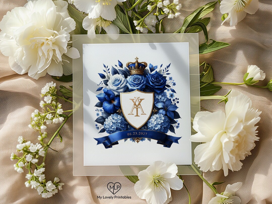 Midnight Blue Rose Watercolor Crest Interlocked Initials Monogram With ...