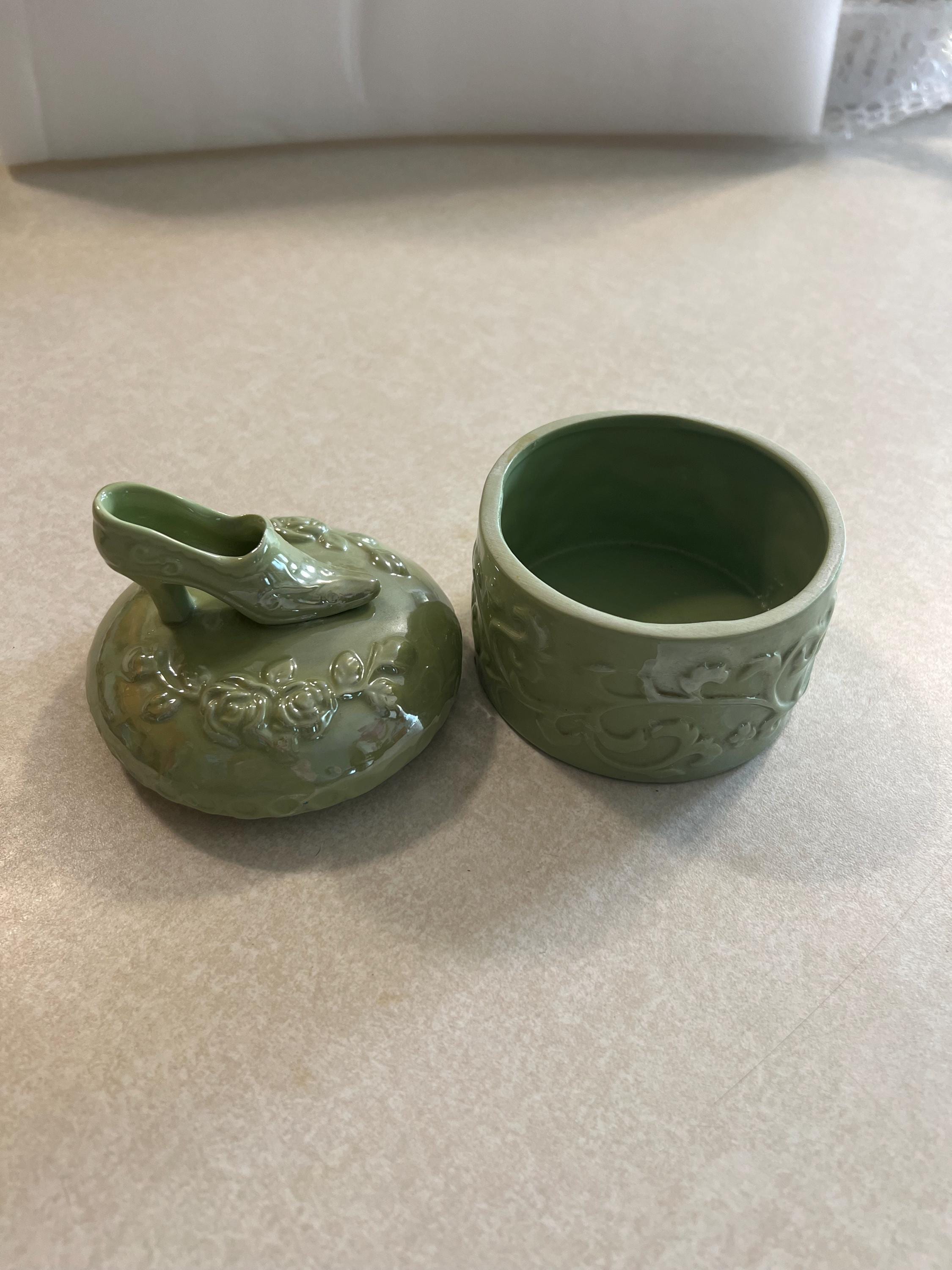 蓋付きグリーン陶器皿、取っ手用シュー、花柄 - Etsy 日本