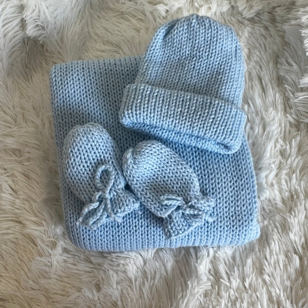 Blue Baby Boy Gift Set: Baby Blanket, Baby Hat, Baby No-Scratch Mittens