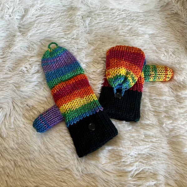 Convertible Pride Rainbow Knitted Mittens/Fingerless Gloves