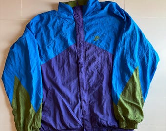 Kurtka wiatrówka Nike z lat 90. w stylu retro z blokami kolorów, niebieski, fioletowy, zielony, sportowy, wierzchni, rozmiar L