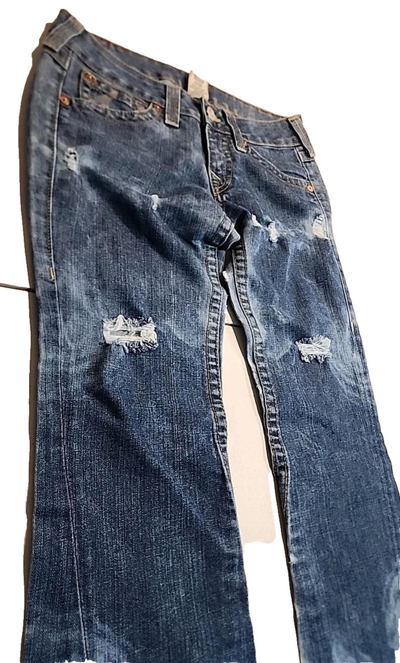 True Religion Joey Jeans Blue Distressed Flap Pocket Bell Bottom 30Wx34L image 15