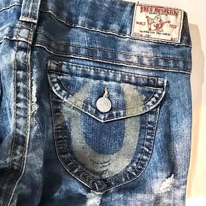 True Religion Joey Jeans Blue Distressed Flap Pocket Bell Bottom 30Wx34L image 8