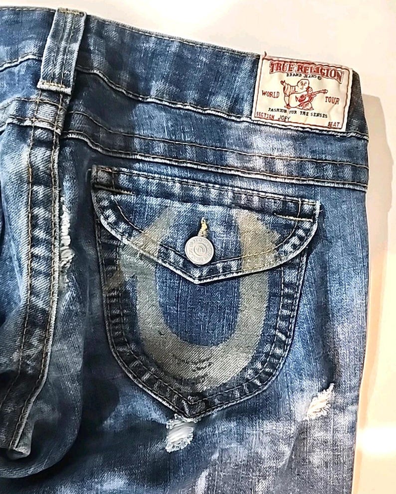 True Religion Joey Jeans Blue Distressed Flap Pocket Bell Bottom 30Wx34L image 8