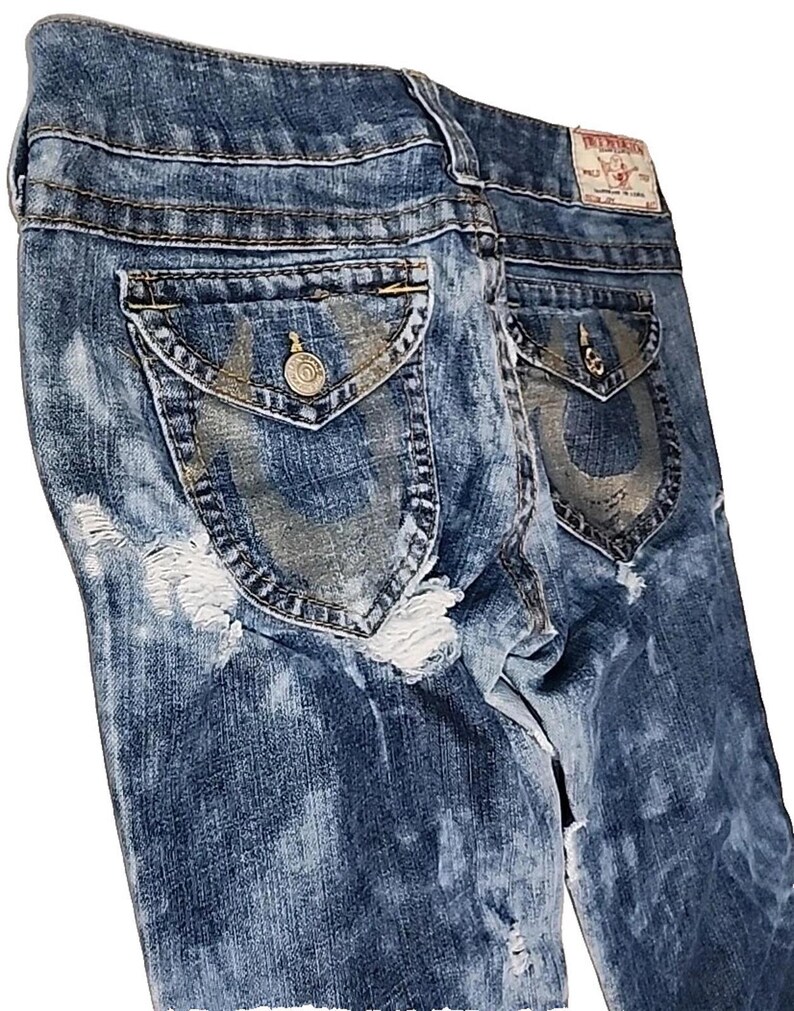 True Religion Joey Jeans Blue Distressed Flap Pocket Bell Bottom 30Wx34L image 7