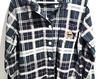 Lauren Ralph Lauren Pajama Top Green White Gold Crest Logo Button Front Large