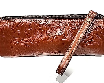 Patricia Nash Travel Makeup Cosmetic Brown Leather Wristlet Bag