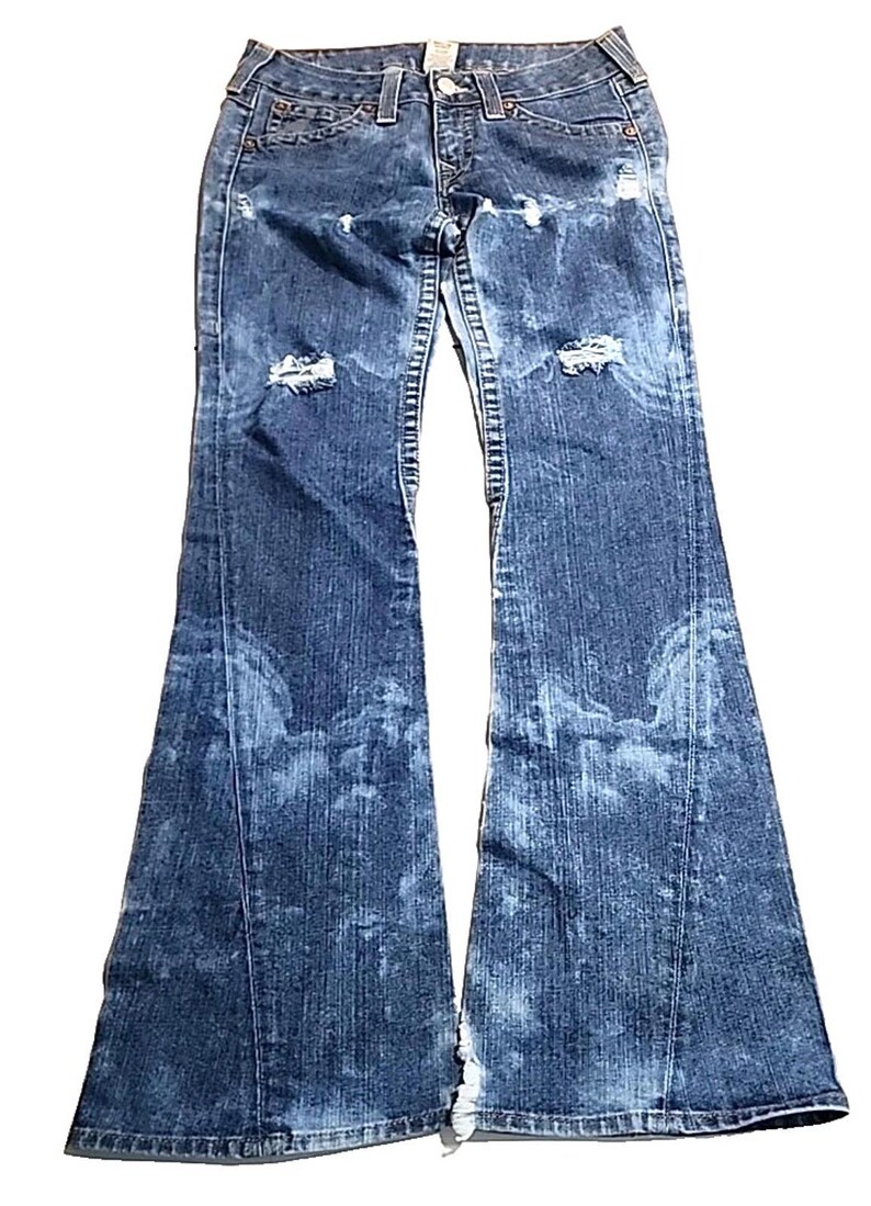 True Religion Joey Jeans Blue Distressed Flap Pocket Bell Bottom 30Wx34L image 11
