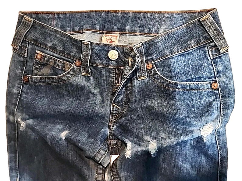 True Religion Joey Jeans Blue Distressed Flap Pocket Bell Bottom 30Wx34L image 17