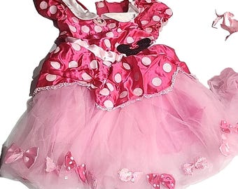 Disney Minnie Mouse Girls Red Pink Dress 3T Ribbon Polka Dot W Pink Tutu