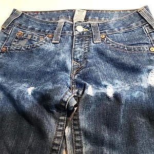 True Religion Joey Jeans Blue Distressed Flap Pocket Bell Bottom 30Wx34L image 16