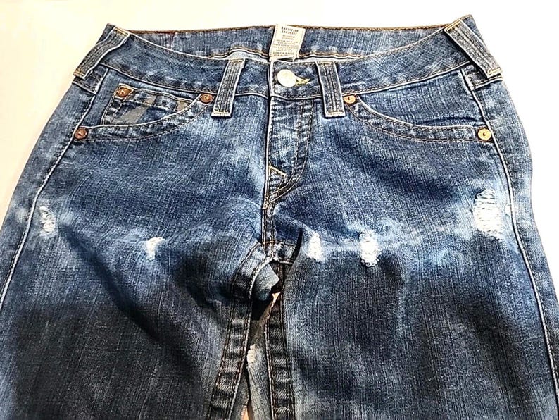 True Religion Joey Jeans Blue Distressed Flap Pocket Bell Bottom 30Wx34L image 16