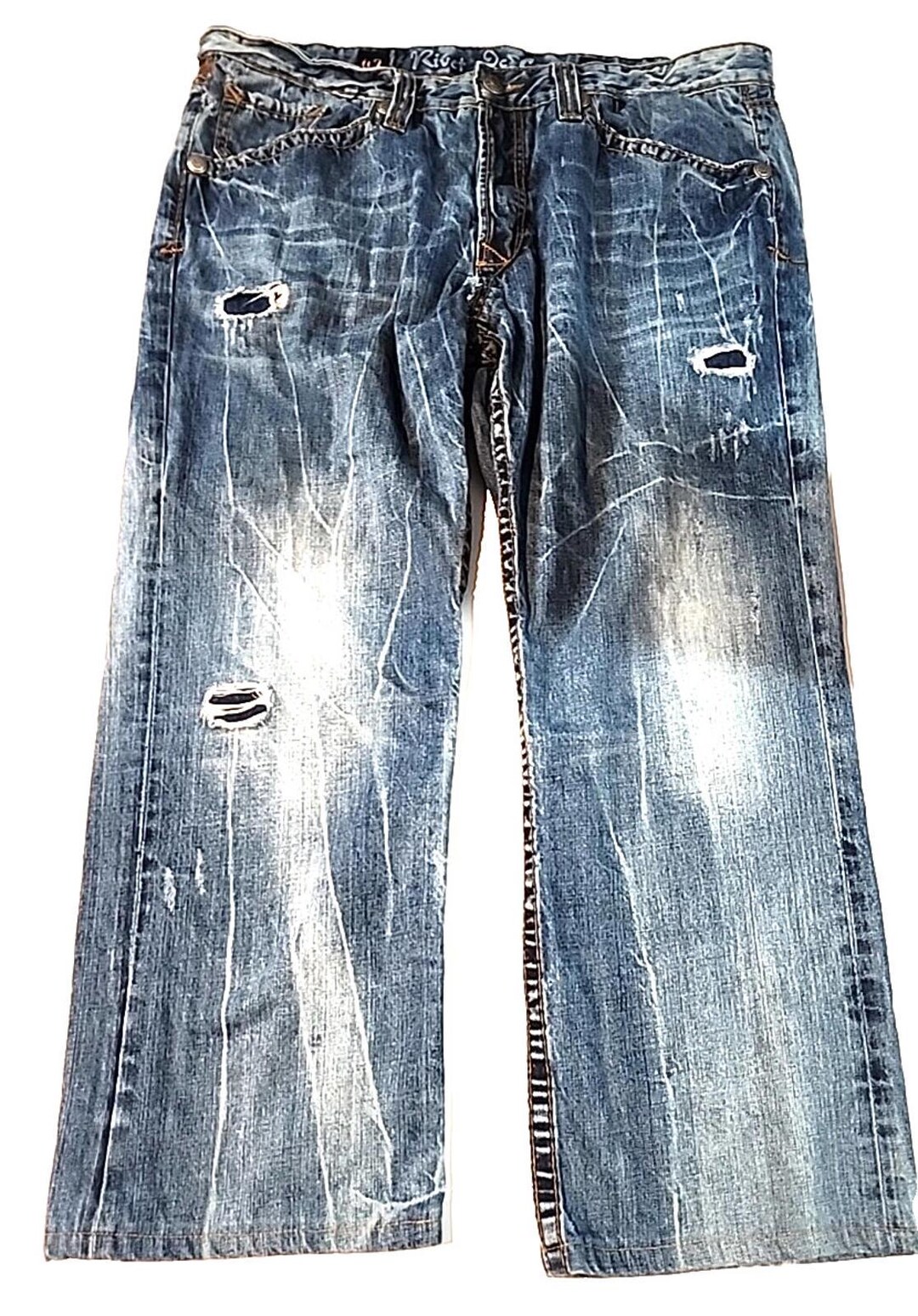Rivet De Cru Big Baggy Jeans Blue Distressed Denim Button Fly USA ...