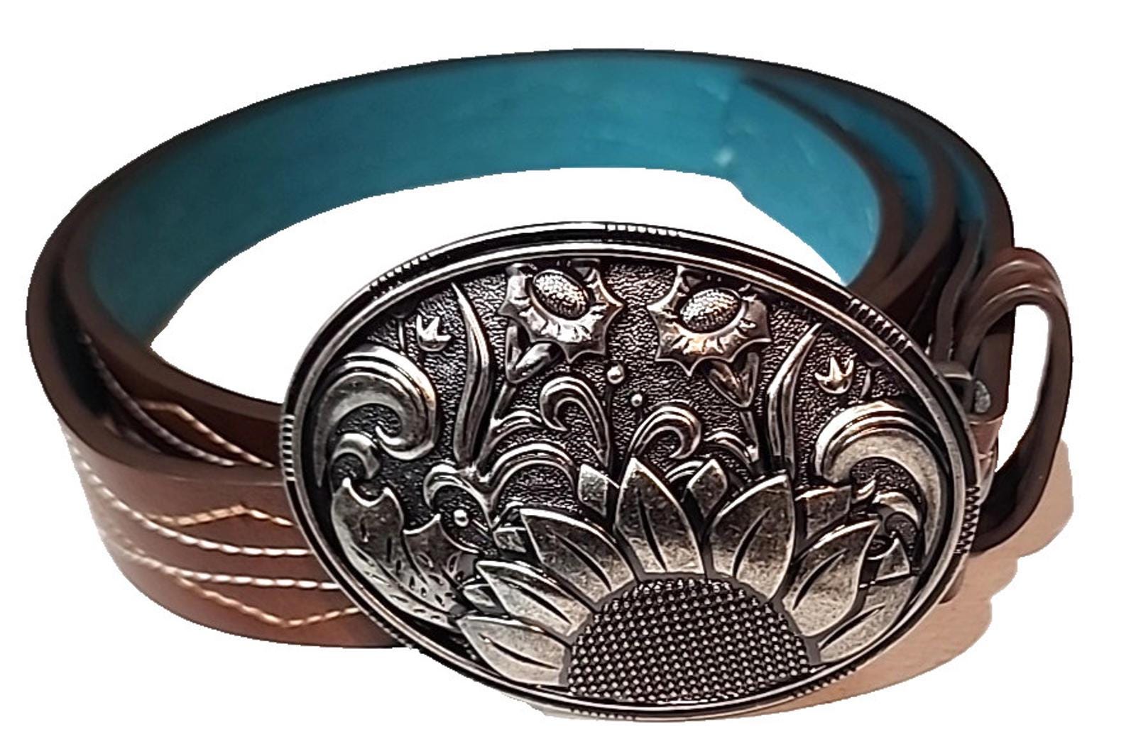 Catchfly‎ Studio Brown Western Belt Large New Serape Inlay Turquoise Diamond Western Brown Leather Belt With Light Blue Longhorn  main image 2