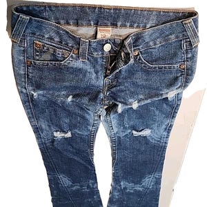 True Religion Joey Jeans Blue Distressed Flap Pocket Bell Bottom 30Wx34L image 2