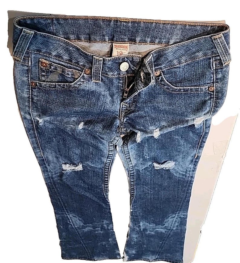 True Religion Joey Jeans Blue Distressed Flap Pocket Bell Bottom 30Wx34L image 2