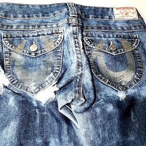 True Religion Joey Jeans Blue Distressed Flap Pocket Bell Bottom 30Wx34L image 1