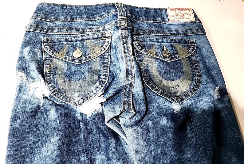True Religion Joey Jeans Blue Distressed Flap Pocket Bell Bottom 30Wx34L image 1