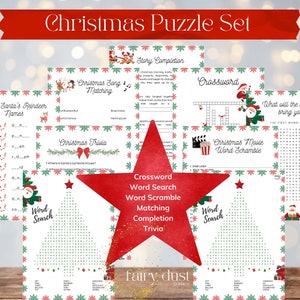 Christmas Fun Puzzle Set: Trivia, Word Search, Crossword, Matching and More, Printable Magical Holiday Games for Family