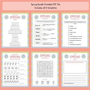 May include: A printable PDF file with six spring-themed activity pages for kids. The pages include a word search, a scavenger hunt, a sentence writing activity, a tracing activity, a counting activity, and a blank page for writing a story. The pages are decorated with colorful flowers and stripes.