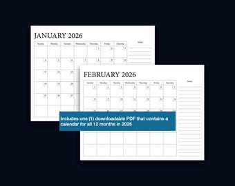2026 12-month Printable Calendar Template - 8.5x11 Digital Download