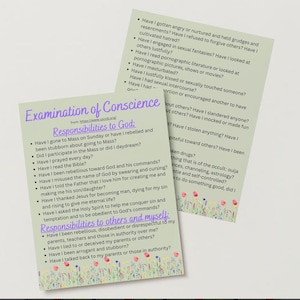 Peut inclure: Une liste de contrôle imprimable verte et blanche intitulée "Examen de conscience" avec une liste de questions sur les responsabilités envers Dieu, les autres et soi-même. La liste de contrôle est décorée de petites fleurs colorées.