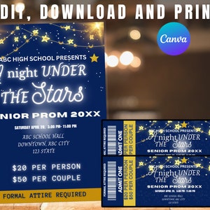 Bearbeitbar Eine Nacht unter den Sternen Flyer und Ticket-Bundle, Schultanz-Abschlussball-Set, Sternennacht, unter den Sternen, papierlose Post