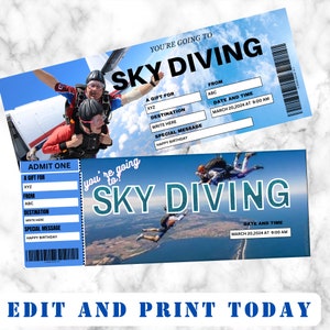 Boleto de revelación sorpresa PARACAIDISMO editable, vale de regalo, plantilla de boleto de evento editable, experiencia SKYDIVE, descargable, personalizable