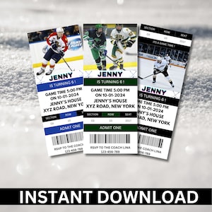 Hockey Ticket verjaardagsuitnodiging afdrukbare sjabloon, bewerkbare verjaardagsuitnodiging, verjaardagsfeestje met hockey thema, verjaardagsuitnodiging