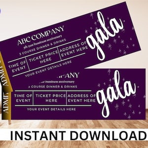 Gala Ticket selbst bearbeiten Vorlage, geben Sie einen druckbaren digitalen Download, Ticket-Einladung Event-Eintrittskarten DIY Ticket