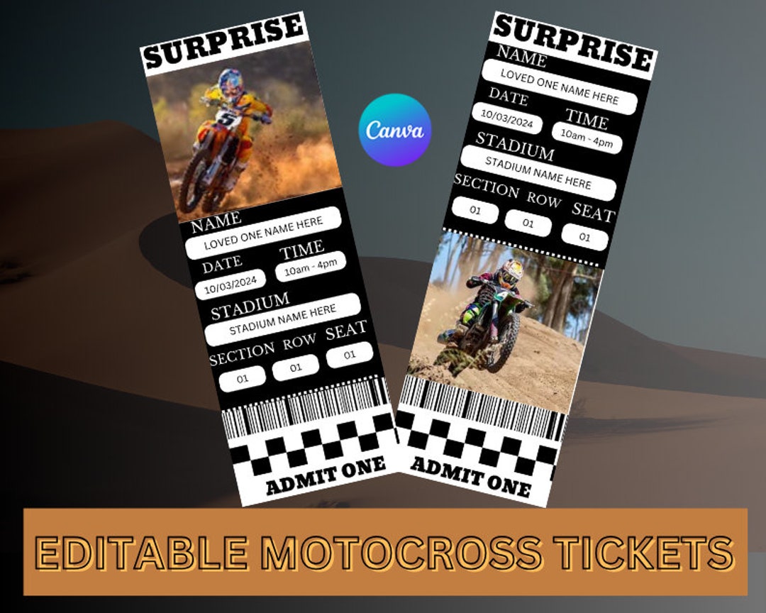 Printable Gift Motocross Tickets, Editable Motocross Tickets, Fake
