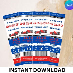 Puede incluir: Cuatro invitaciones de fiesta de carreras de coches rojas, blancas y azules con el texto "Si no eres el primero, eres el último" y "Alex cumple un año". Las invitaciones están diseñadas para parecer entradas de carreras de coches con un patrón de bandera a cuadros y un código de barras.