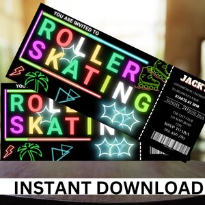 May include: Neon pink, green, yellow, and blue roller skating party invitation with the text "You are invited to Roller Skating" and "Jack's 10th Birthday Celebration" with details about the event.