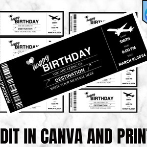 Bilhete de presente de cartão de embarque de aniversário - Bilhete de avião de presente de cartão de embarque de aniversário - Modelo de presente de aniversário para impressão - Download instantâneo