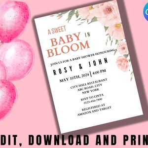 Blush Pink floral Baby Shower Invitation Template, printable Baby Shower Invite Printable, Girls Baby Shower invitation
