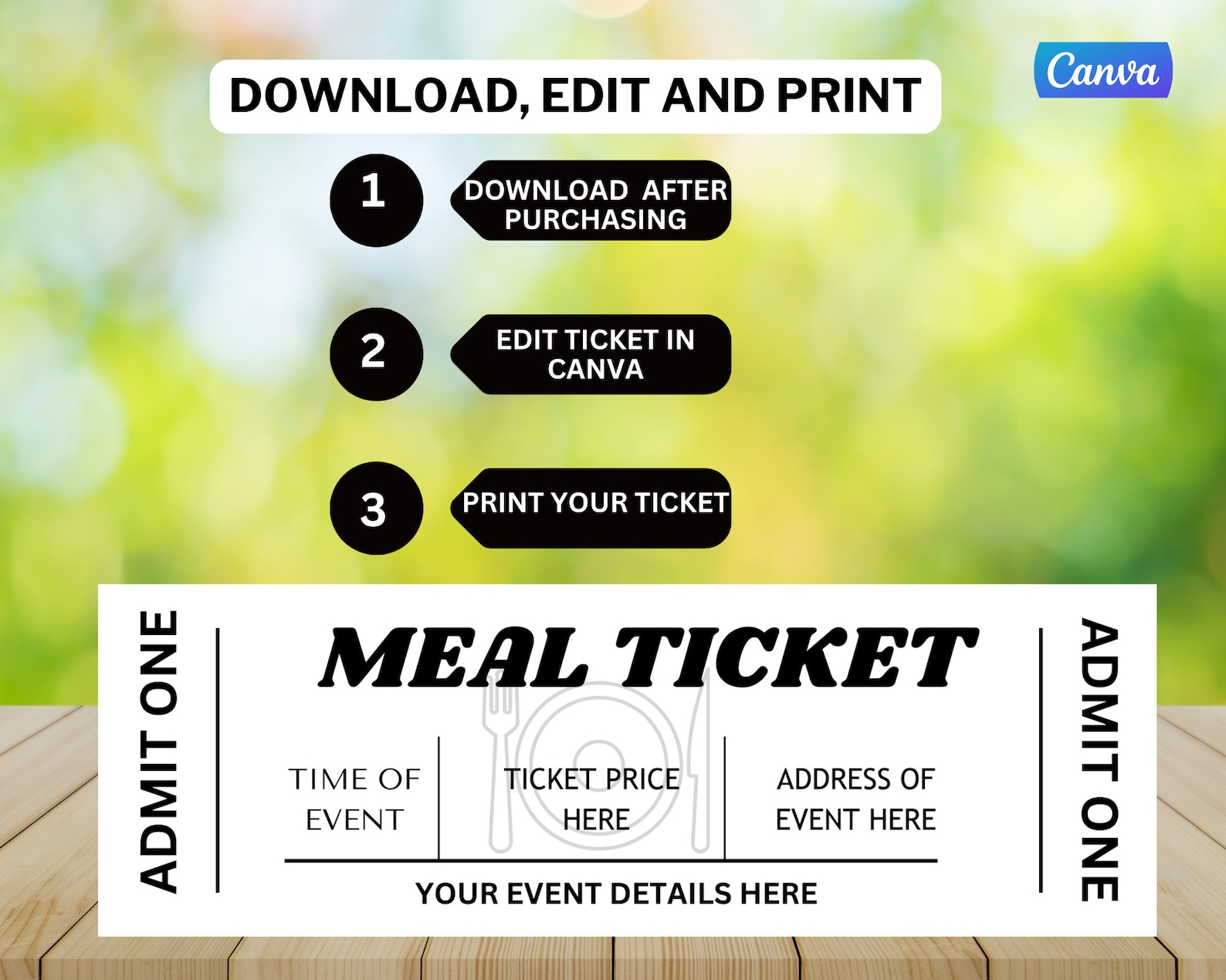 Editable Food Event Ticket, Food Ticket Printables, Editable Meal ...