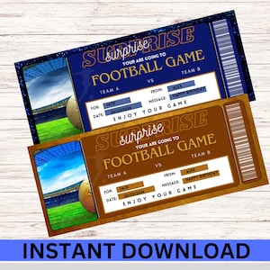 Boleto de fútbol sorpresa, boleto de fútbol sorpresa, plantilla de boleto de regalo, juego de fútbol, cupón personalizado de descarga instantánea de fútbol