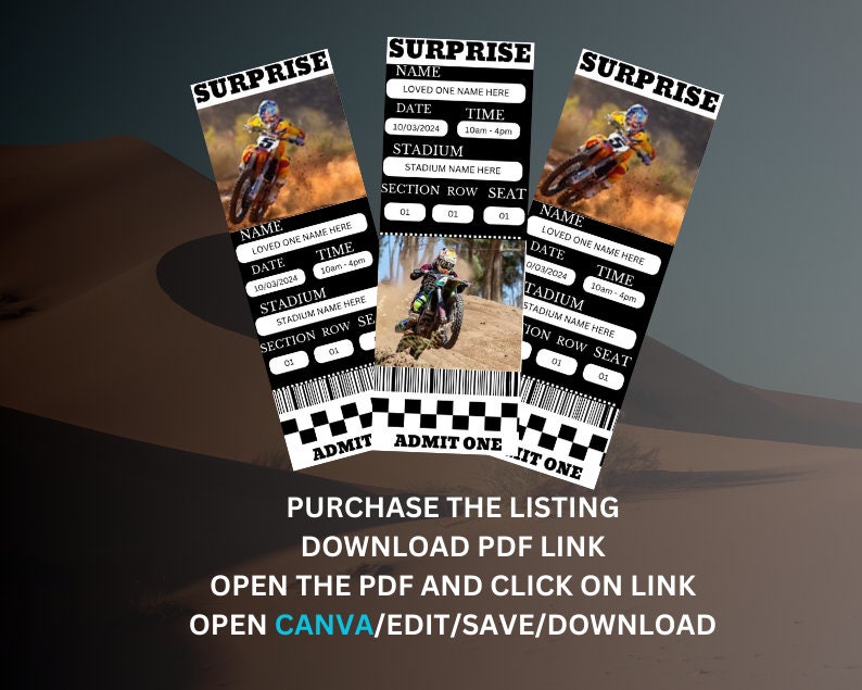 Printable Gift Motocross Tickets, Editable Motocross Tickets, Fake