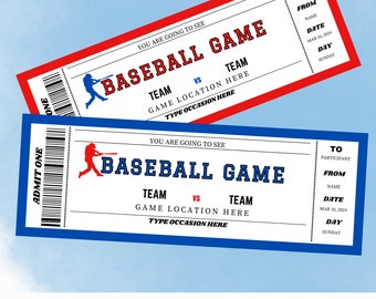 Boletos de béisbol imprimibles, boletos sorpresa, plantilla de boleto de béisbol, sorpresa de cumpleaños de béisbol, boletos de béisbol editables, regalo de béisbol