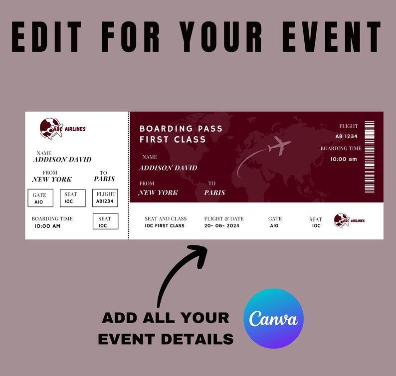 Elegant White and Burgundy Boarding Pass Ticket Folder,travel Wallet ...