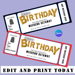 Editable Weekend Getaway Voucher Template, Surprise Trip gift ticket, Weekend Getaway Birthday Trip Away Trip Voucher #188 INSTANT DOWNLOAD