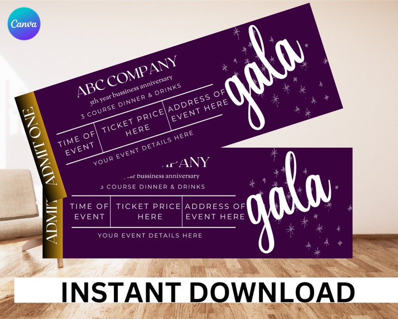 May include: Two purple gala tickets with gold and white text. The tickets read "ABC COMPANY" and "gala". The tickets include fields for event details. The words "INSTANT DOWNLOAD" are at the bottom.