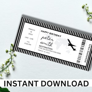 Bearbeitbare Bordkarten-Vorlage – Geburtstagsüberraschungs-Flugticket – Wochenendausflug-Gutschein, Ticket-Coupon-Karte, Bordkarte