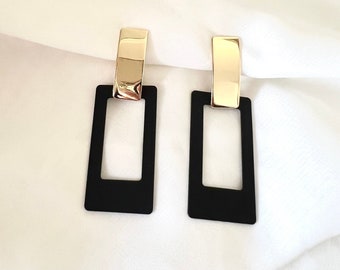 Black Hollow Rectangle Dangle Clip on Earrings, Earrings, non-pierced ears, Dainty Earrings, Clip on Drop & Dangle earrings, Earrings