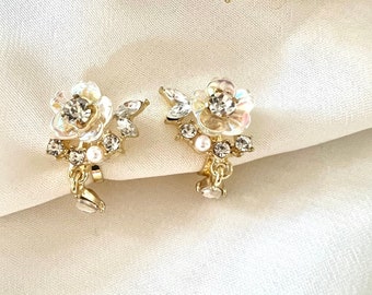 Zirconia Flower Clip On Earrings non-pierced ears, Earrings, Clip on Drop & Dangle earrings, no hole clip drops