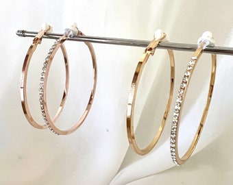 2 Different Colours Rhinestones Round Dangle Gold and Rose Gold Colours Clip on Hoop Earrings, Non Pierced ears
