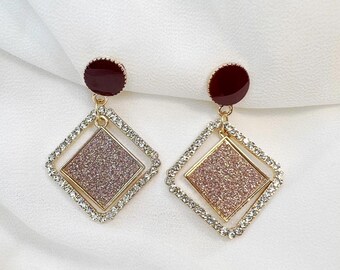 Purple Tone, Green Crystal Matel clip in earrings Dangle Earrings for Non Pierced Ears