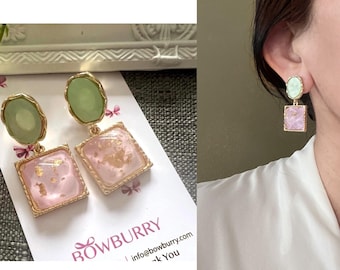 Resin Drop Clip On Earrings: Purple Green Dangle for Non Pierced Ears