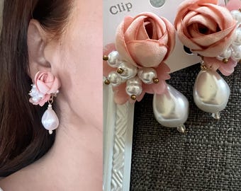 Pink flowers with pearl Clip On drop Earrings: Non-Pierced Ears